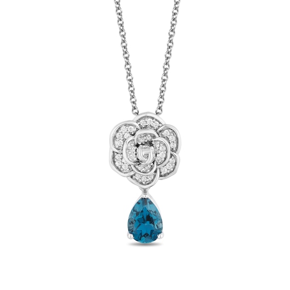 Enchanted Disney Cinderella Pear-Shaped London Blue Topaz and 0.085 CT. T.W. Diamond Flower Pendant in Sterling Silver