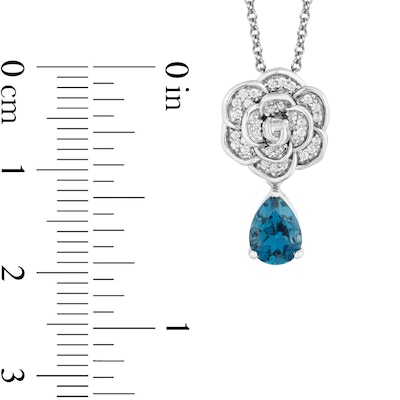 Enchanted Disney Cinderella Pear-Shaped London Blue Topaz and 0.085 CT. T.W. Diamond Flower Pendant in Sterling Silver