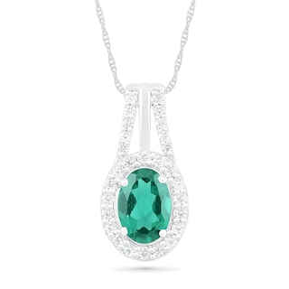 Oval Lab-Created Emerald and White Sapphire Frame Split Bail Pendant in Sterling Silver