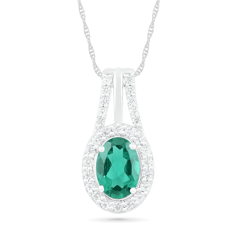Oval Lab-Created Emerald and White Sapphire Frame Split Bail Pendant in Sterling Silver
