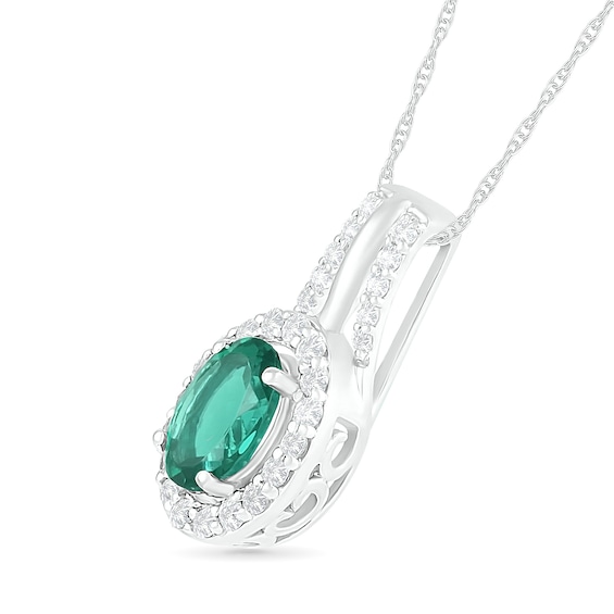 Oval Lab-Created Emerald and White Sapphire Frame Split Bail Pendant in Sterling Silver