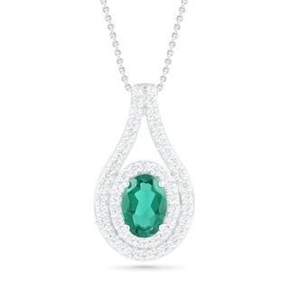 Oval Lab-Created Emerald and White Sapphire Frame Open Teardrop Pendant in Sterling Silver