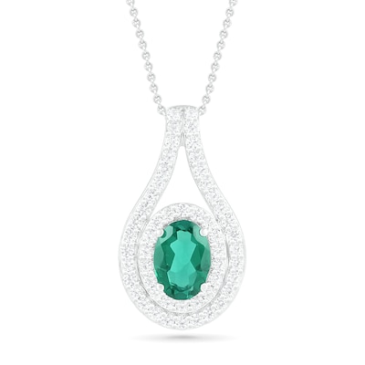 Oval Lab-Created Emerald and White Sapphire Frame Open Teardrop Pendant in Sterling Silver