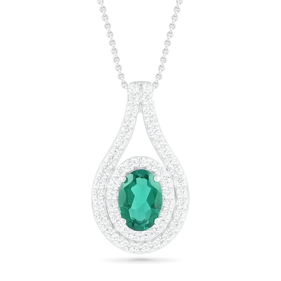 Oval Lab-Created Emerald and White Sapphire Frame Open Teardrop Pendant in Sterling Silver