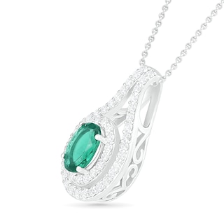 Oval Lab-Created Emerald and White Sapphire Frame Open Teardrop Pendant in Sterling Silver