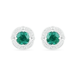 6.0mm Lab-Created Emerald and White Sapphire Open Clover Frame Stud Earrings in Sterling Silver