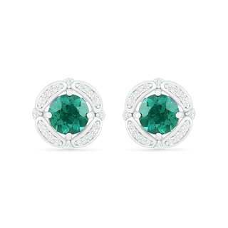 6.0mm Lab-Created Emerald and White Sapphire Open Clover Frame Stud Earrings in Sterling Silver