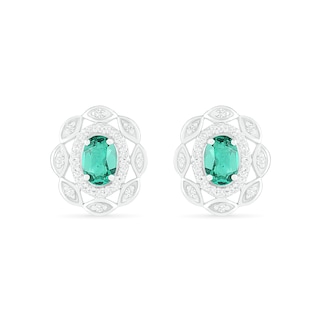 Oval Lab-Created Emerald and White Sapphire Open Double Frame Art Deco Stud Earrings in Sterling Silver