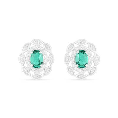 Oval Lab-Created Emerald and White Sapphire Open Double Frame Art Deco Stud Earrings in Sterling Silver