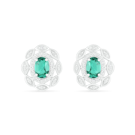 Oval Lab-Created Emerald and White Sapphire Open Double Frame Art Deco Stud Earrings in Sterling Silver