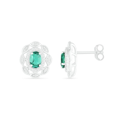 Oval Lab-Created Emerald and White Sapphire Open Double Frame Art Deco Stud Earrings in Sterling Silver