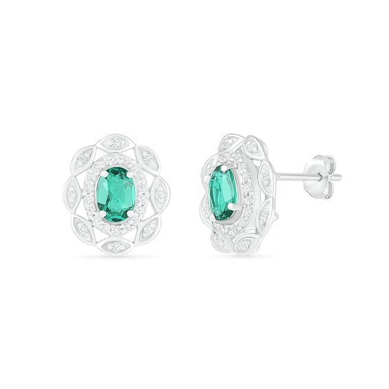 Oval Lab-Created Emerald and White Sapphire Open Double Frame Art Deco Stud Earrings in Sterling Silver