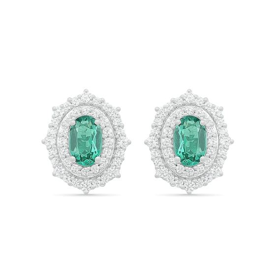 Oval Lab-Created Emerald and White Sapphire Ornate Double Frame Vintage-Style Stud Earrings in Sterling Silver