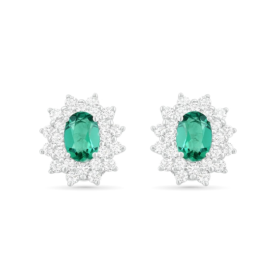 Oval Lab-Created Emerald and White Sapphire Sunburst Double Frame Stud Earrings in Sterling Silver