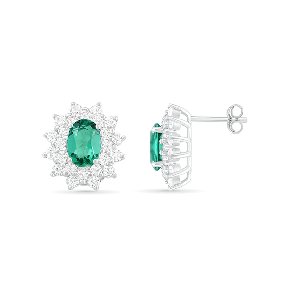 Oval Lab-Created Emerald and White Sapphire Sunburst Double Frame Stud Earrings in Sterling Silver