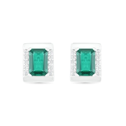 Emerald-Cut Lab-Created Emerald and White Sapphire Bar Frame Stud Earrings in Sterling Silver