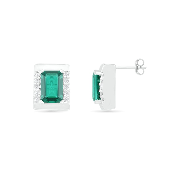 Emerald-Cut Lab-Created Emerald and White Sapphire Bar Frame Stud Earrings in Sterling Silver