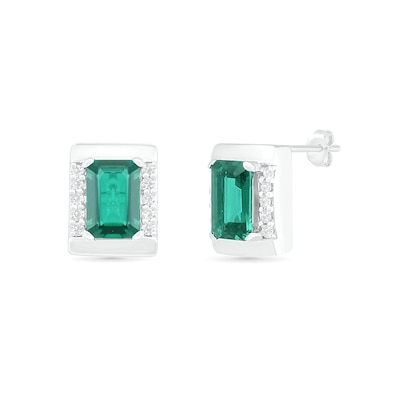 Emerald-Cut Lab-Created Emerald and White Sapphire Bar Frame Stud Earrings in Sterling Silver