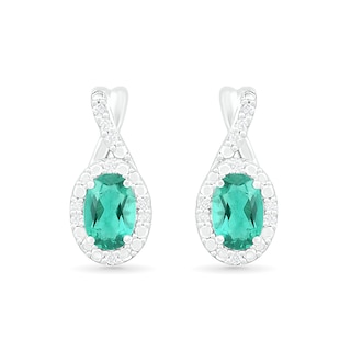 Oval Lab-Created Emerald and 0.067 CT. T.W. Diamond Frame Twist Drop Earrings in Sterling Silver