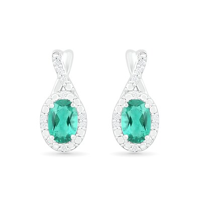 Oval Lab-Created Emerald and 0.067 CT. T.W. Diamond Frame Twist Drop Earrings in Sterling Silver