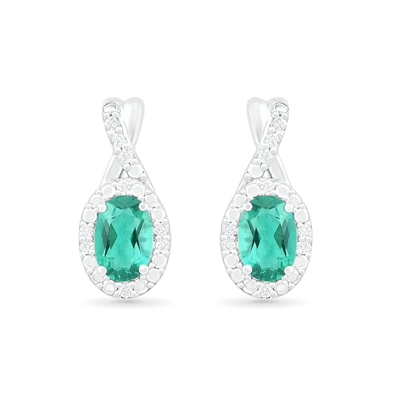 Oval Lab-Created Emerald and 0.067 CT. T.W. Diamond Frame Twist Drop Earrings in Sterling Silver