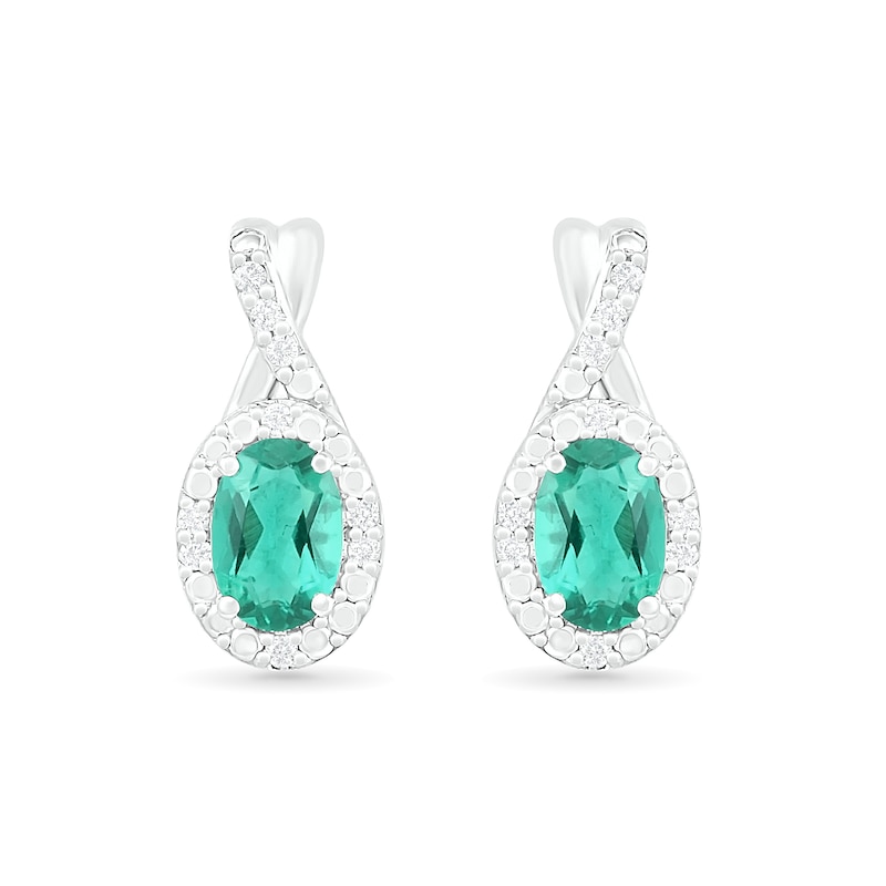 Main Image 1 of Oval Lab-Created Emerald and 0.067 CT. T.W. Diamond Frame Twist Drop Earrings in Sterling Silver