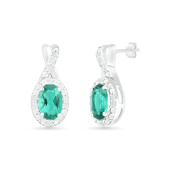 Oval Lab-Created Emerald and 0.067 CT. T.W. Diamond Frame Twist Drop Earrings in Sterling Silver