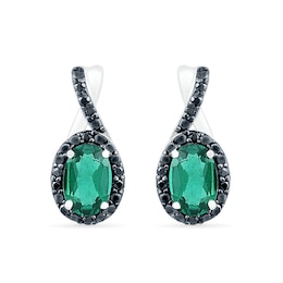 Oval Lab-Created Emerald and 0.085 CT. T.W. Black Enhanced Diamond Frame Twist Drop Earrings in Sterling Silver