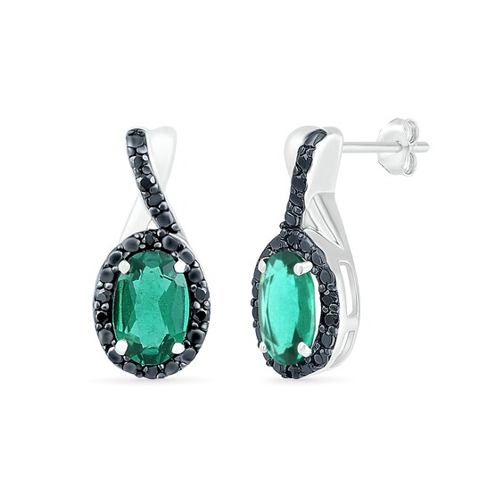 Oval Lab-Created Emerald and 0.085 CT. T.W. Black Enhanced Diamond Frame Twist Drop Earrings in Sterling Silver