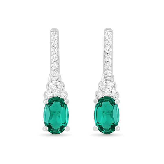 Oval Lab-Created Emerald and White Sapphire Tiered-Top Drop Earrings in Sterling Silver