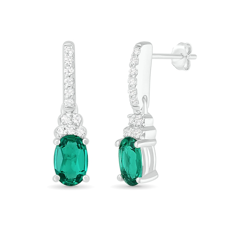 Oval Lab-Created Emerald and White Sapphire Tiered-Top Drop Earrings in Sterling Silver|Peoples Jewellers