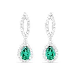 Pear-Shaped Lab-Created Emerald and White Sapphire Frame Open Marquise Drop Earrings in Sterling Silver