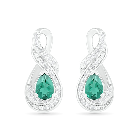 Pear-Shaped Lab-Created Emerald and White Sapphire Infinity Twist Drop Earrings in Sterling Silver