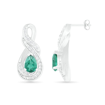 Pear-Shaped Lab-Created Emerald and White Sapphire Infinity Twist Drop Earrings in Sterling Silver