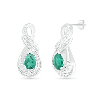 Pear-Shaped Lab-Created Emerald and White Sapphire Infinity Twist Drop Earrings in Sterling Silver