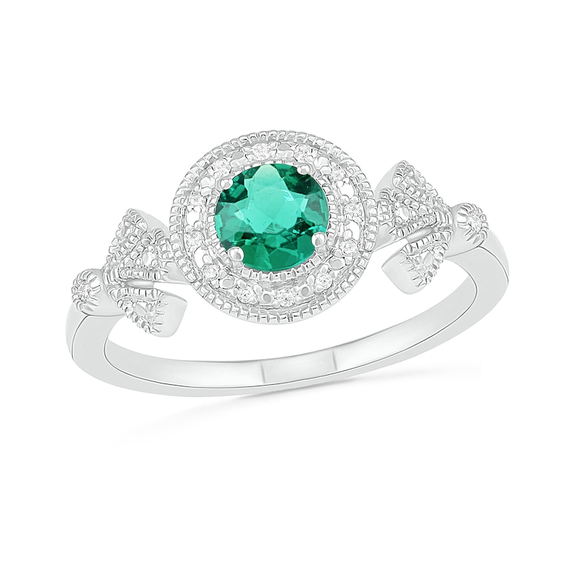 5.0mm Lab-Created Emerald and 0.04 CT. T.W. Diamond Beaded Frame Fan Side Accent Vintage-Style Ring in Sterling Silver|Peoples Jewellers