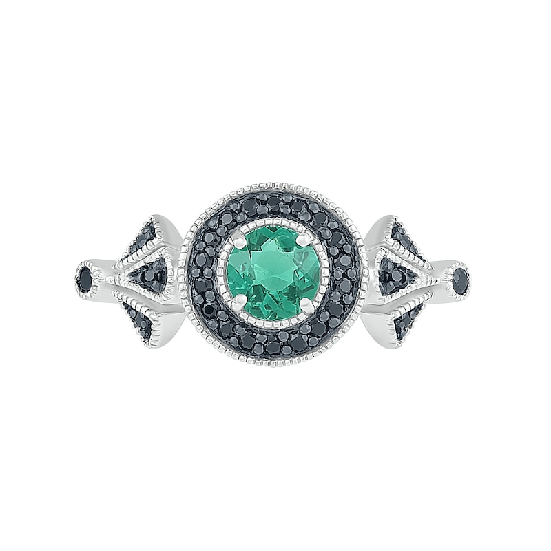 5.0mm Lab-Created Emerald and 0.146 CT. T.W. Black Enhanced Diamond Frame Vintage-Style Ring in Sterling Silver