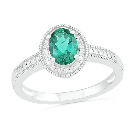 Oval Lab-Created Emerald and 0.04 CT. T.W. Diamond Beaded Frame Vintage-Style Ring in Sterling Silver