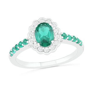 Oval Lab-Created Emerald and White Sapphire Scallop Frame Ring in Sterling Silver