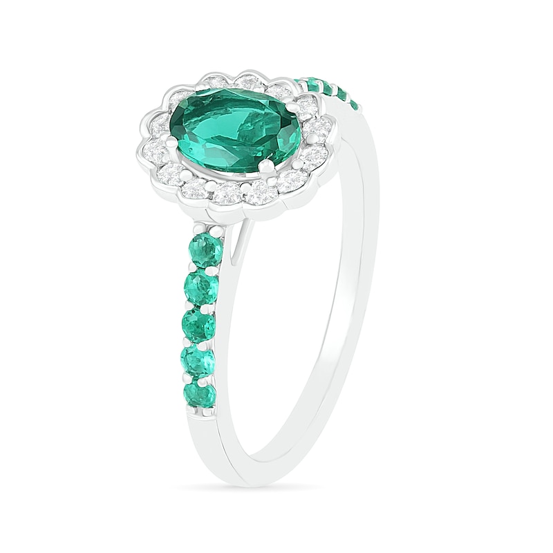 Oval Lab-Created Emerald and White Sapphire Scallop Frame Ring in Sterling Silver