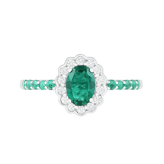 Oval Lab-Created Emerald and White Sapphire Scallop Frame Ring in Sterling Silver