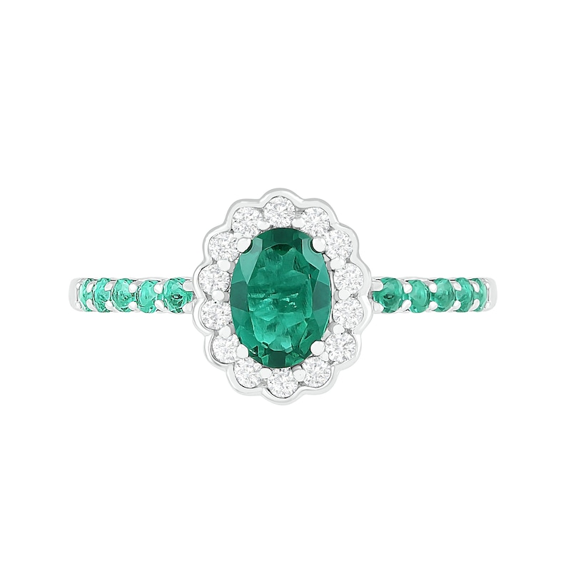Oval Lab-Created Emerald and White Sapphire Scallop Frame Ring in Sterling Silver