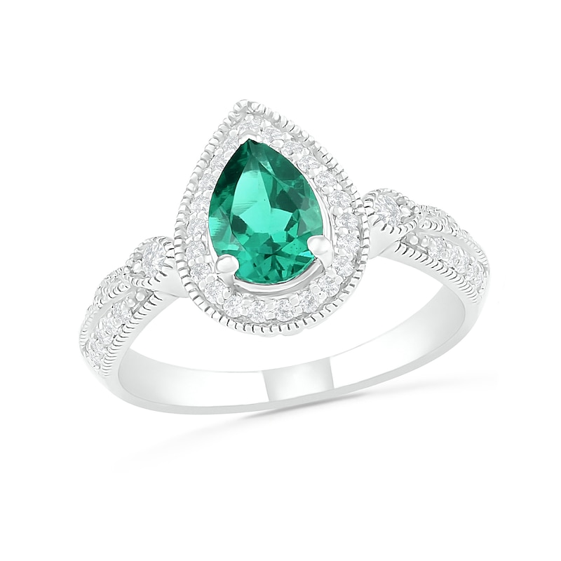 Pear-Shaped Lab-Created Emerald and White Sapphire Frame Double Row Tapered Shank Vintage-Style Ring in Sterling Silver|Peoples Jewellers
