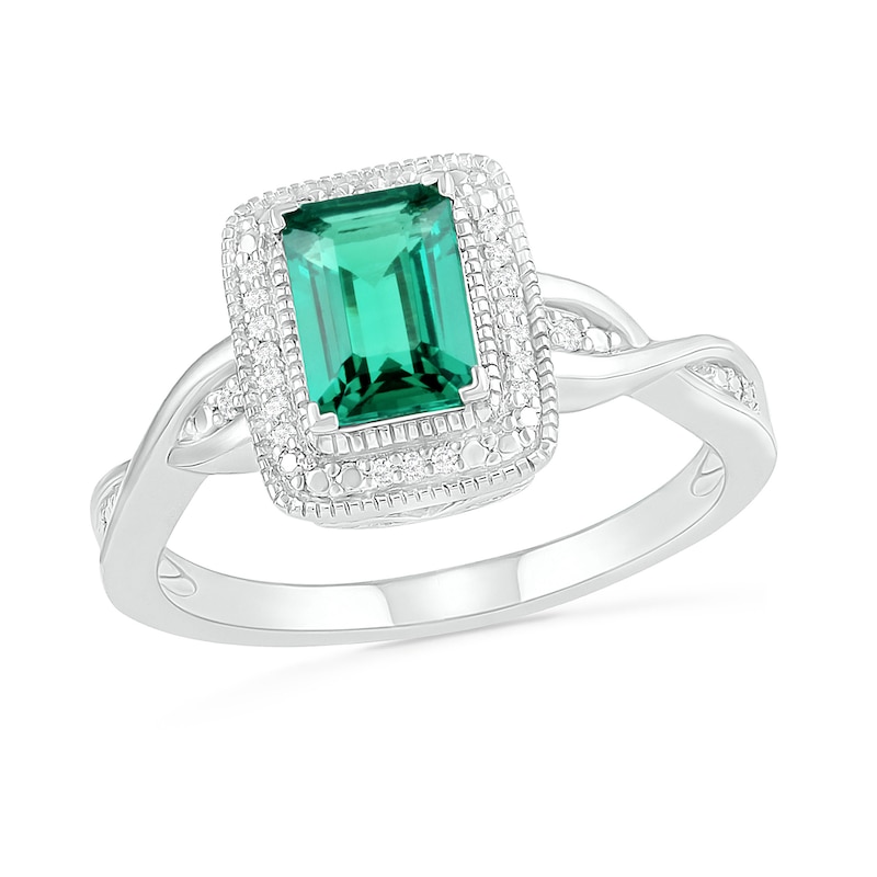 Emerald-Cut Lab-Created Emerald and 0.066 CT. T.W. Diamond Frame Twist Shank Vintage-Style Ring in Sterling Silver|Peoples Jewellers