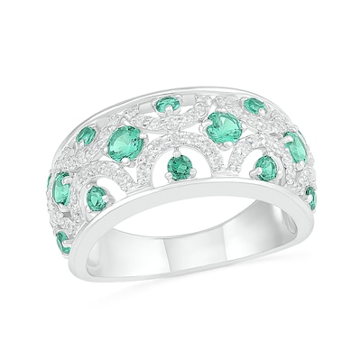 Lab-Created Emerald and White Sapphire Scallop Open Shank Ring in Sterling Silver