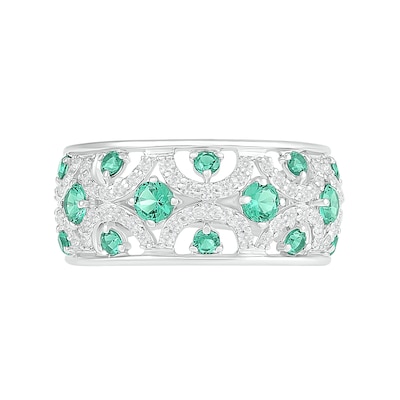 Lab-Created Emerald and White Sapphire Scallop Open Shank Ring in Sterling Silver