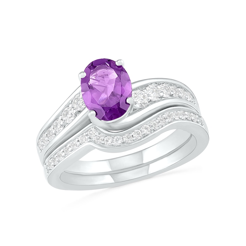 Oval Amethyst and White Lab-Created Sapphire Bypass Bridal Set in Sterling Silver|Peoples Jewellers