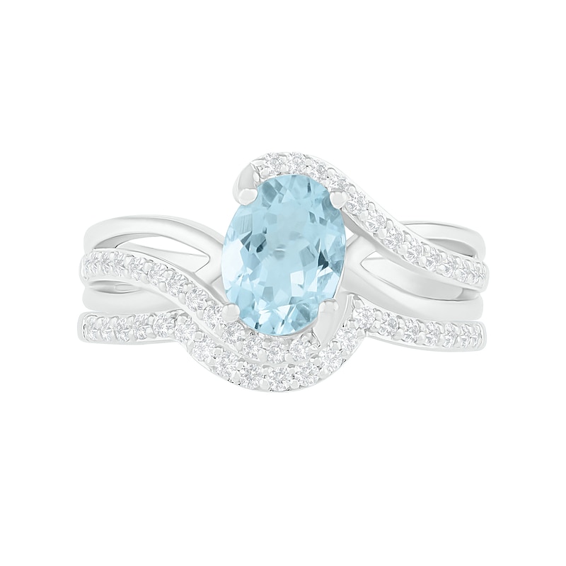 Oval Aquamarine and 0.086 CT. T.W. Diamond Bypass Split Shank Bridal Set in Sterling Silver|Peoples Jewellers