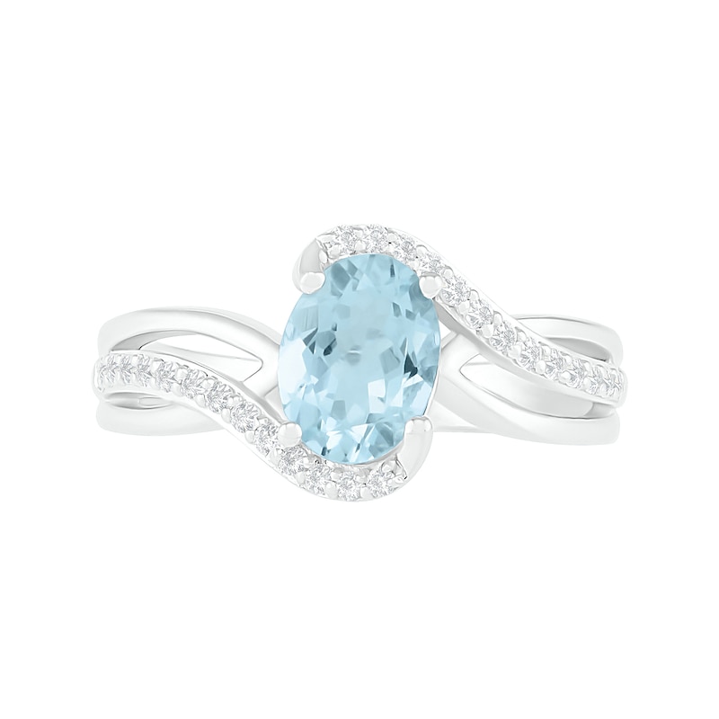 Oval Aquamarine and 0.086 CT. T.W. Diamond Bypass Split Shank Bridal Set in Sterling Silver|Peoples Jewellers