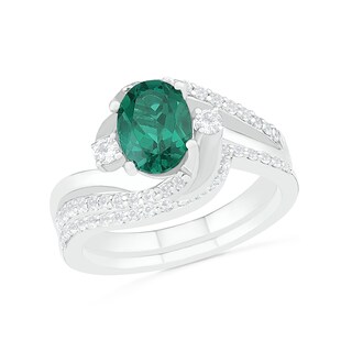 Oval Lab-Created Emerald and White Sapphire Side Accent Double Bypass Split Shank Bridal Set in Sterling Silver